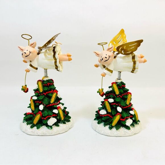 SET OF 2 Hand Painted Resin Christmas Tree with Piggy Angel Bobblehead Topper - Picture 1 of 5